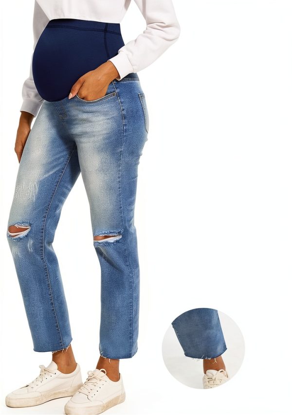 Peauty Maternity Ripped Jeans Frayed Hem Straight Leg Over Belly-2