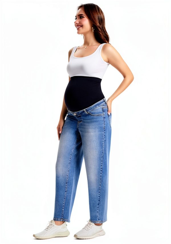 OVRUNS Maternity Jeans for Women Stretch Barrel Jeans Over The Belly Pregnancy Denim Pants with Button Waist-2