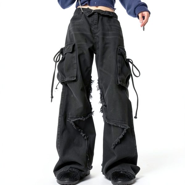 Women's Five Point Star Work Dress Jeans Multi Pocket High Waist Loose-2
