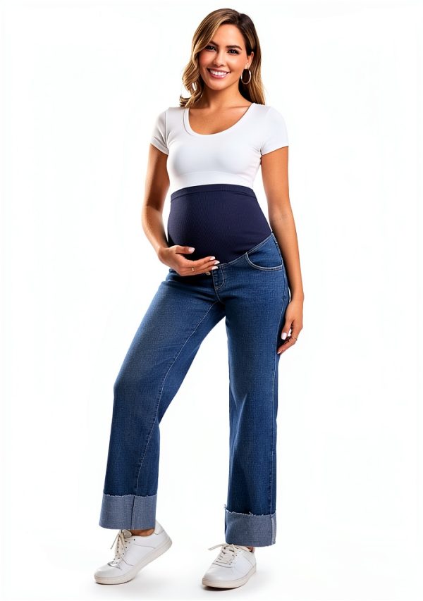 Women Maternity Jeans Leg Cuffed Stretch Over Belly – Large Retro Blue-4