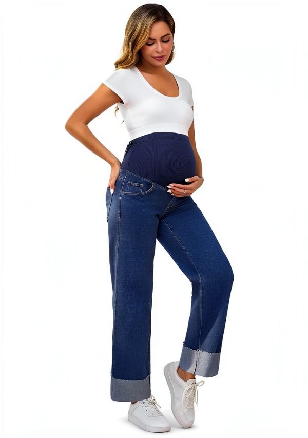 Women Maternity Jeans Leg Cuffed Stretch Over Belly – Large Retro Blue-5