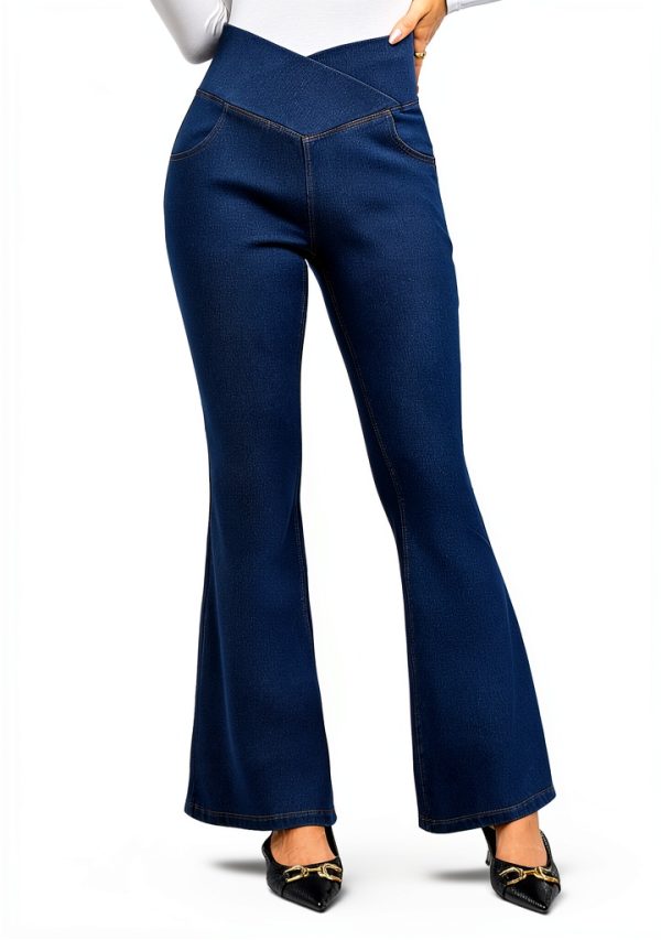 OUGES Womens Stretchy V Cross Waist Maternity Flare Jeans Dark Blue XL-3