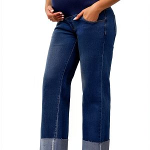 Women Maternity Jeans Leg Cuffed Stretch Over Belly – Large Retro Blue-0