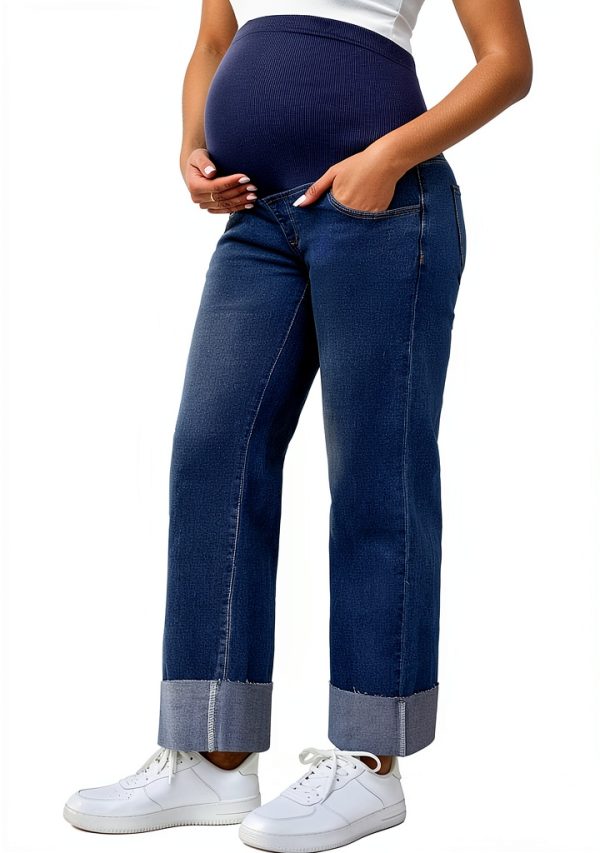 Women Maternity Jeans Leg Cuffed Stretch Over Belly – Large Retro Blue-0