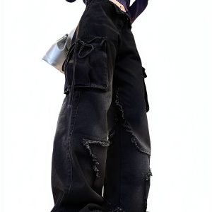 Women's Five Point Star Work Dress Jeans Multi Pocket High Waist Loose-0