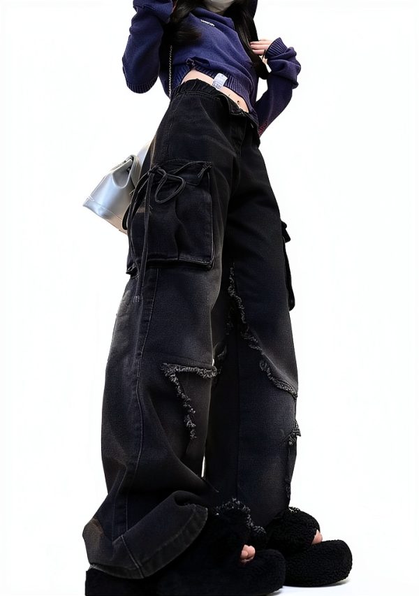 Women's Five Point Star Work Dress Jeans Multi Pocket High Waist Loose-0