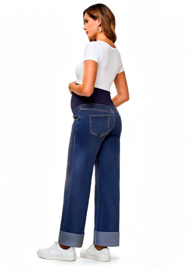 Women Maternity Jeans Leg Cuffed Stretch Over Belly – Large Retro Blue-3
