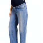 OVRUNS Maternity Jeans for Women Stretch Barrel Jeans Over The Belly Pregnancy Denim Pants with Button Waist-0