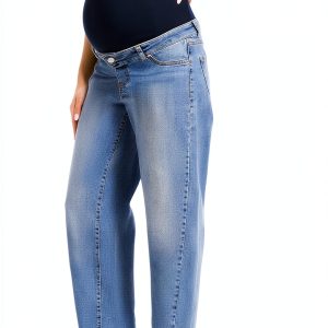 OVRUNS Maternity Jeans for Women Stretch Barrel Jeans Over The Belly Pregnancy Denim Pants with Button Waist-0