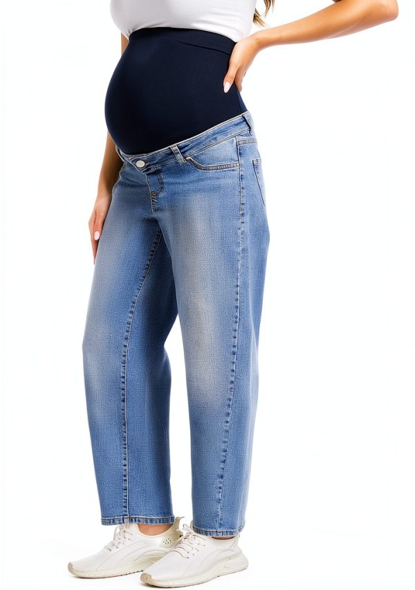 OVRUNS Maternity Jeans for Women Stretch Barrel Jeans Over The Belly Pregnancy Denim Pants with Button Waist-0