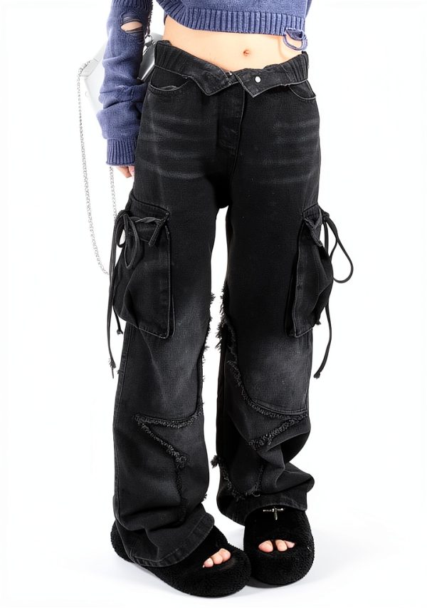 Women's Five Point Star Work Dress Jeans Multi Pocket High Waist Loose-3