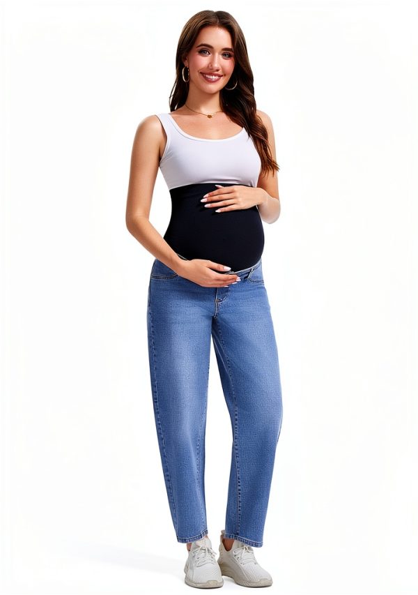 OVRUNS Maternity Jeans for Women Stretch Barrel Jeans Over The Belly Pregnancy Denim Pants with Button Waist-1