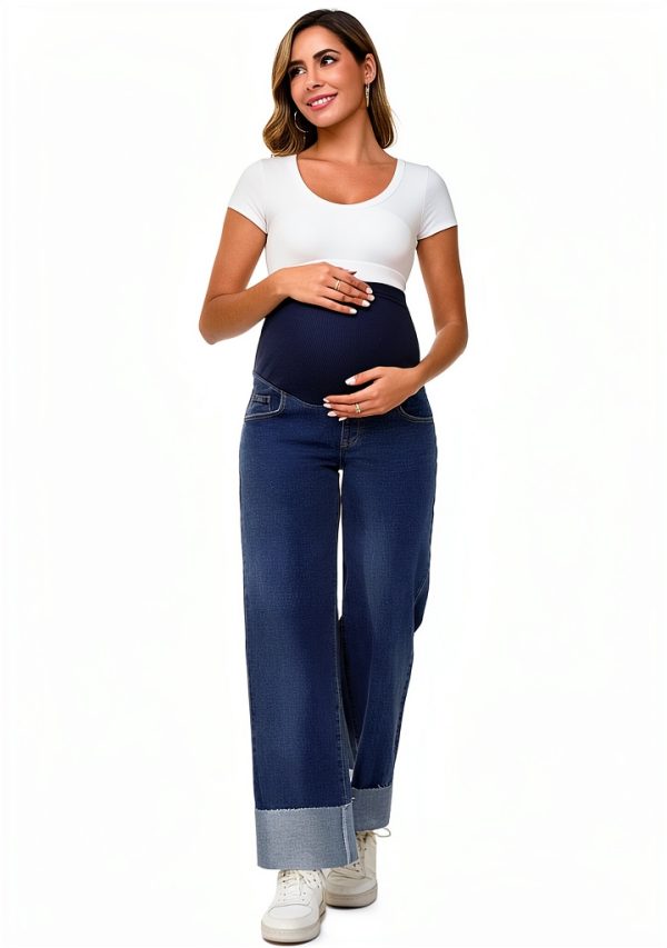 Women Maternity Jeans Leg Cuffed Stretch Over Belly – Large Retro Blue-1