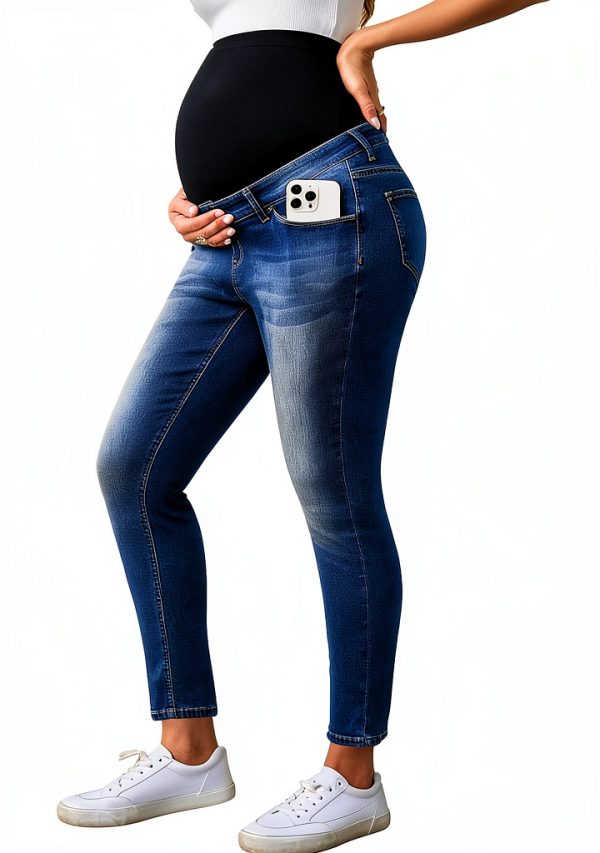 Ecavus Women's Maternity Jeans Over Belly Stretchy Skinny Denim Pregnancy Pants Maternity Clothes with Pockets-0