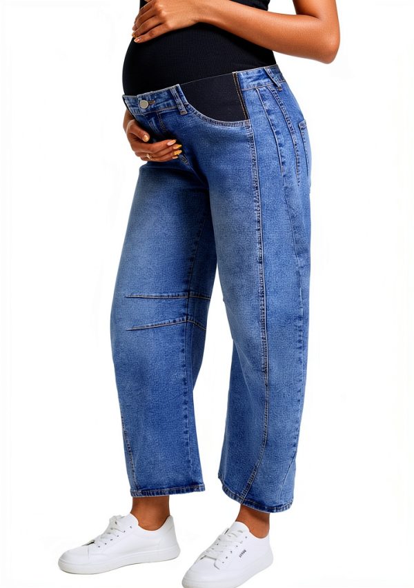 OVRUNS Women's Maternity Baggy Jeans Stretch Barrel Jeans Side Panel Loose Pregnancy Denim Pants with Pockets-1