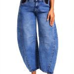 OVRUNS Women's Maternity Baggy Jeans Stretch Barrel Jeans Side Panel Loose Pregnancy Denim Pants with Pockets-0
