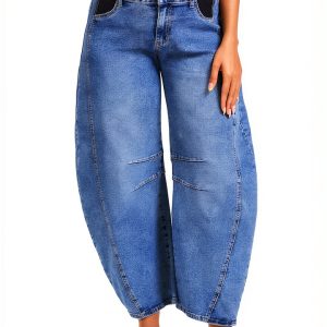 OVRUNS Women's Maternity Baggy Jeans Stretch Barrel Jeans Side Panel Loose Pregnancy Denim Pants with Pockets-0