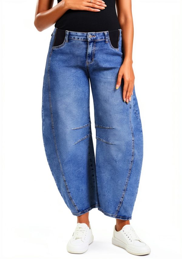 OVRUNS Women's Maternity Baggy Jeans Stretch Barrel Jeans Side Panel Loose Pregnancy Denim Pants with Pockets-0