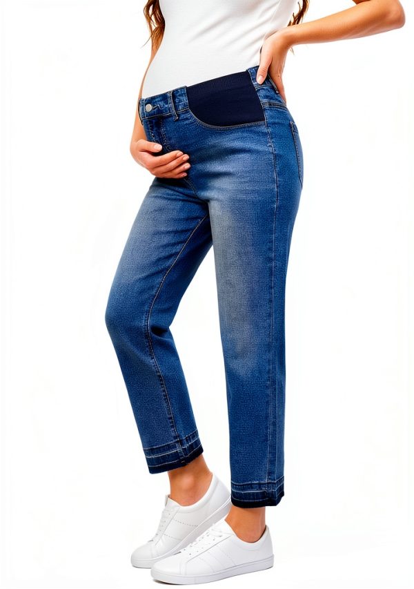 BLENCOT Women's Maternity Jeans Mid-Rise Elastic Waist Pregnancy Work Pants Ripped Leg Jean Pockets S-2XL-2